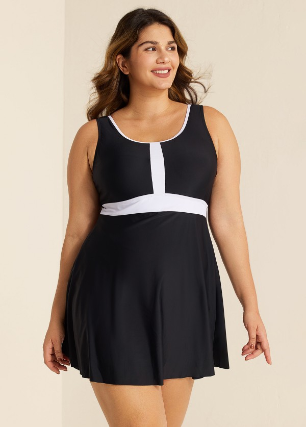 Black And White Color Block Round Neck Casual One Piece Swimdress