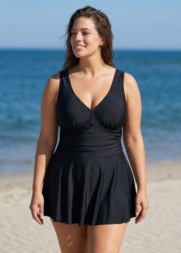Black Ruched Wide Strap Fashionable Modest Plus Size One Piece Swimdress