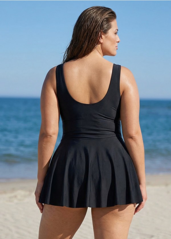 Black Ruched Wide Strap Fashionable Modest Plus Size One Piece Swimdress