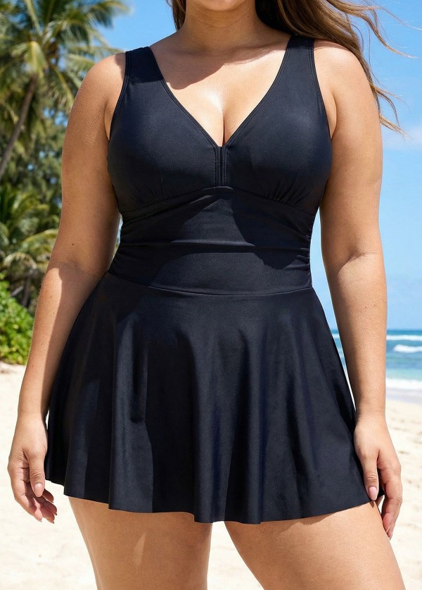 Black Ruched Wide Strap Fashionable Modest Plus Size One Piece Swimdress