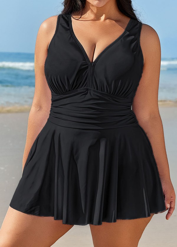 Black Ruched Wide Strap Fashionable Modest Plus Size One Piece Swimdress