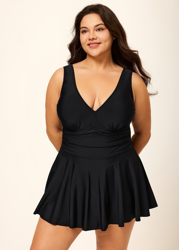 Black Ruched Wide Strap Fashionable Modest Plus Size One Piece Swimdress