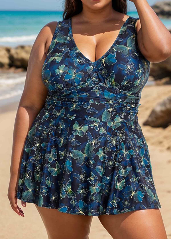 Green Gold Butterfly V Neck Modest One Piece Swimdress