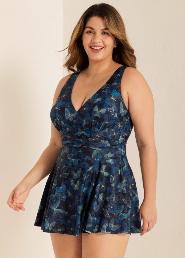 Green Gold Butterfly V Neck Modest One Piece Swimdress