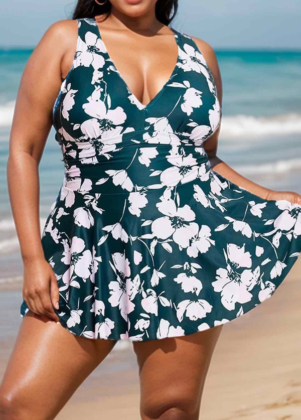 Green Floral Tummy Control Plus Size Swimsuit Swimwear One Piece Swimdress