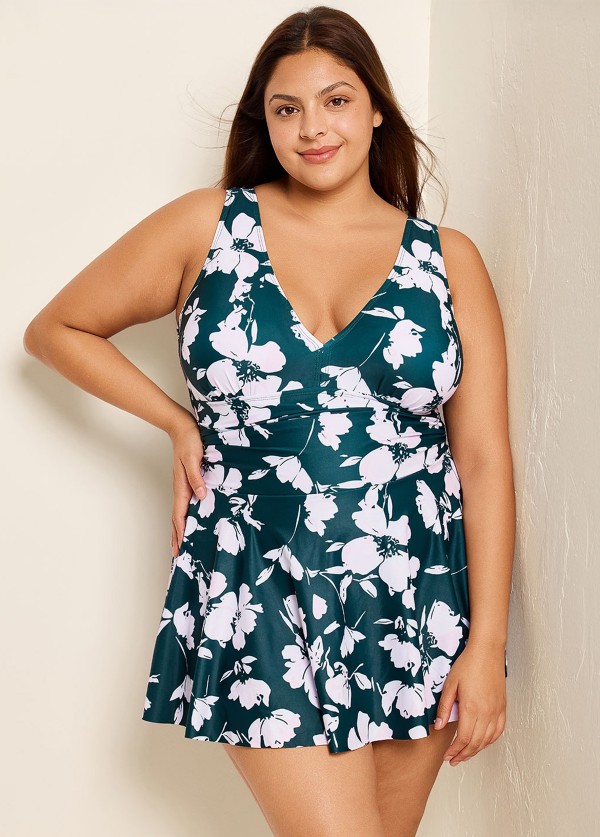 Green Floral Tummy Control Plus Size Swimsuit Swimwear One Piece Swimdress