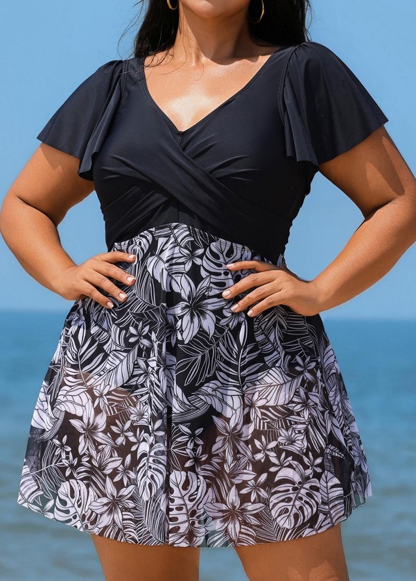 Black And White Print Short Sleeve Cross Front Ruffle One Piece Swimdress