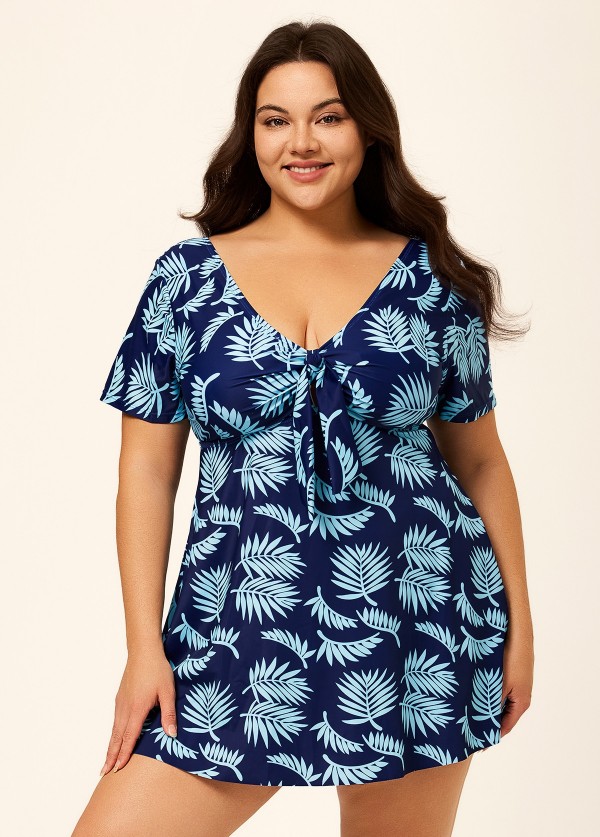 Blue Leaf Print Front Knot Short Sleeve Swimdress Set