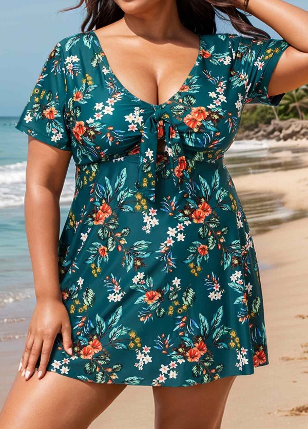 Green V Neck Floral Print Front Twisted Trendy Ruffle Swimdesse Set