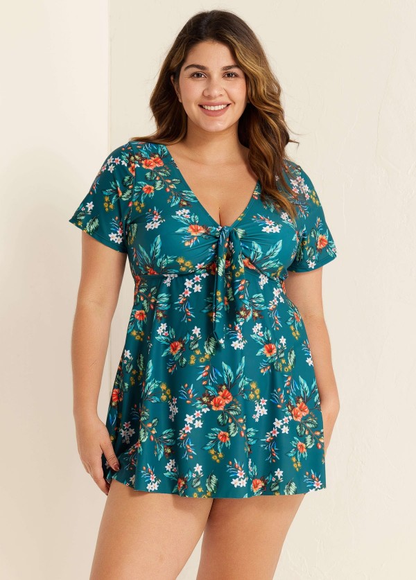 Green V Neck Floral Print Front Twisted Trendy Ruffle Swimdesse Set