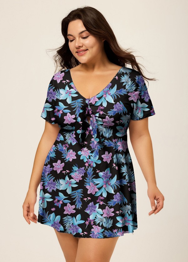 Black V Neck Floral Print Front Knot Short Sleeve Swimdress Set