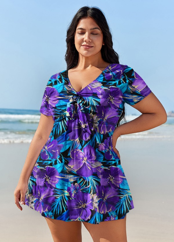 Curvy Purple Floral Short Sleeve Bathing Suits Swimdress Set