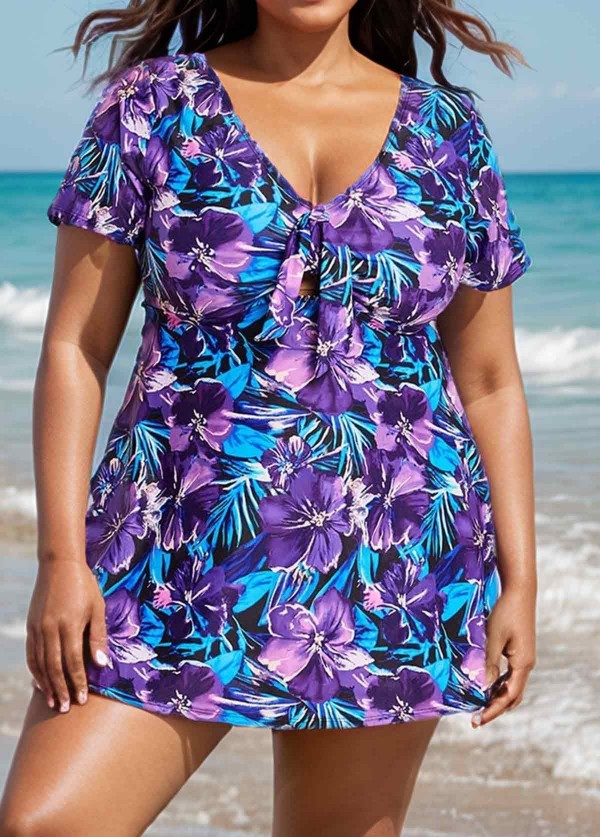 Curvy Purple Floral Short Sleeve Bathing Suits Swimdress Set