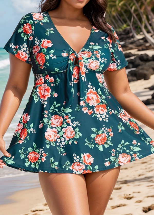 Plus Size Green Floral Short Sleeve Ladies Bathing Suits Swimdress Set