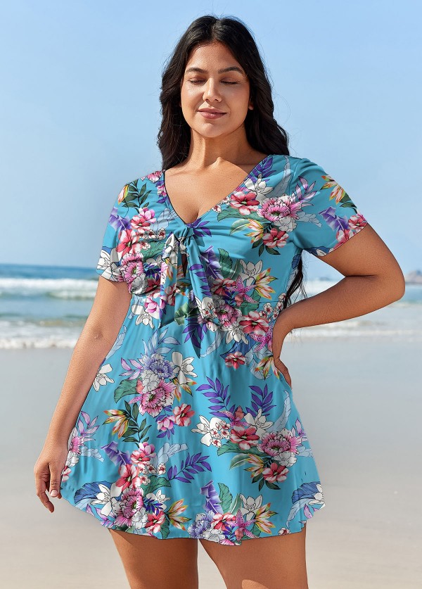 Curvy Blue Floral Short Sleeve Swimsuit And Swimwear Swimdress Set