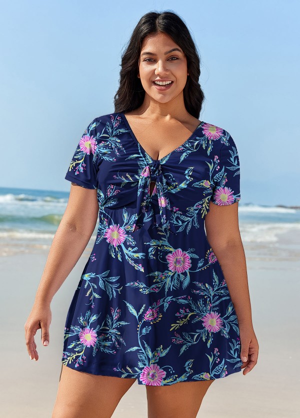 Purple Floral Short Sleeve Plus Size Swimsuit Swimwear Swimdress Set