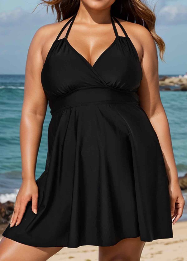 Double Straps Halter Neck V Neck Modest Plus Size Fashion Swimdress Top