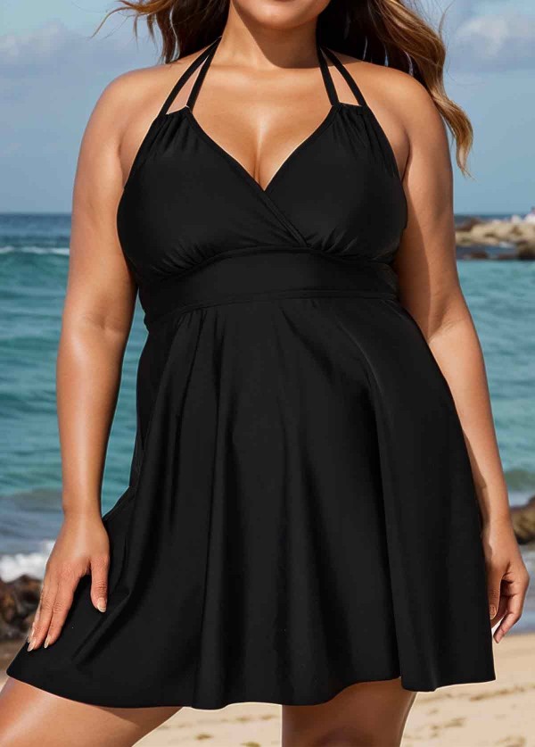Double Straps Halter Neck V Neck Modest Plus Size Fashion Swimdress Top