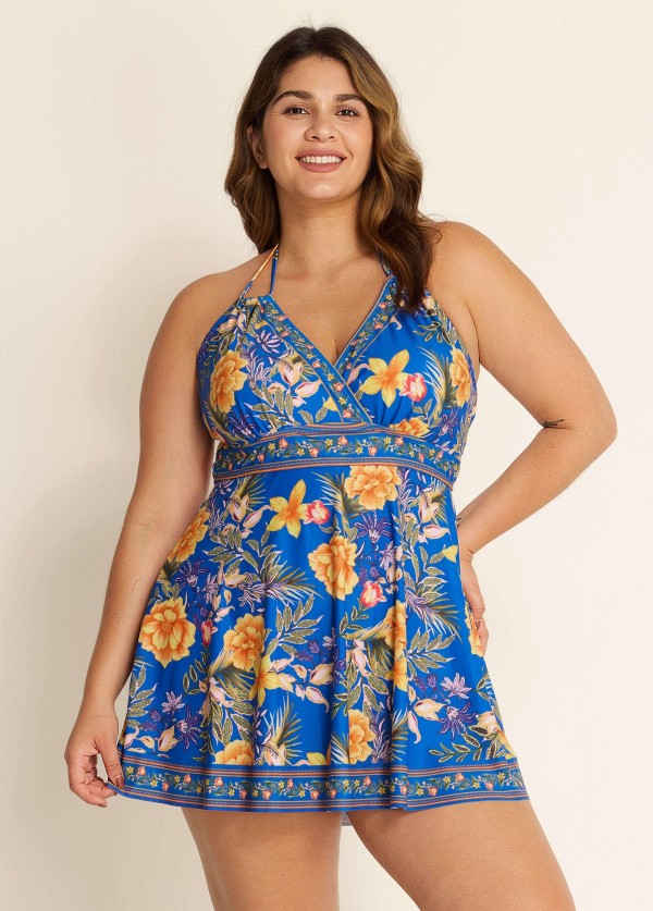 Curvy Blue Floral Double Straps Halter V Neck Swim Dress Swimdress Top