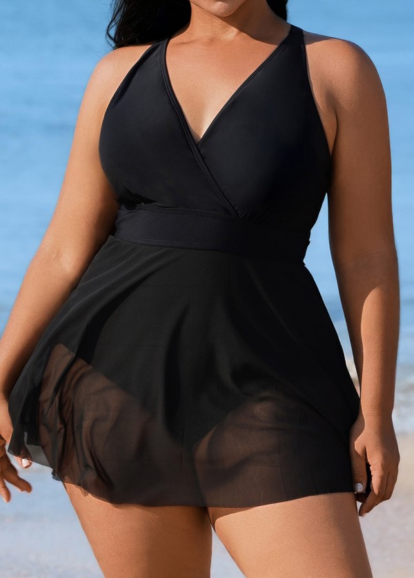 Black V Neck Mesh Fashion Plus Size One Piece Swimdress
