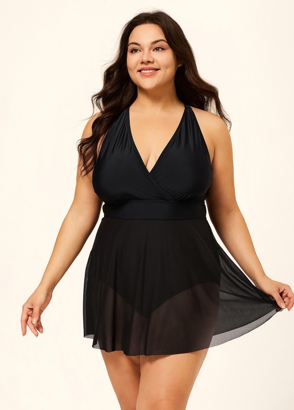 Black V Neck Mesh Fashion Plus Size One Piece Swimdress