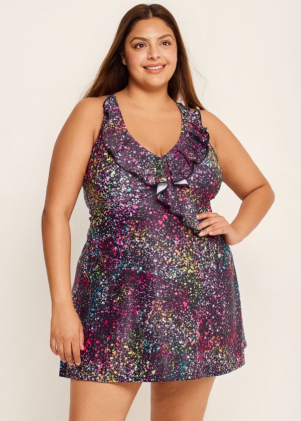 Curvy Black Dot Print Vintage Swimwear Bathing Suits Swimdress Top