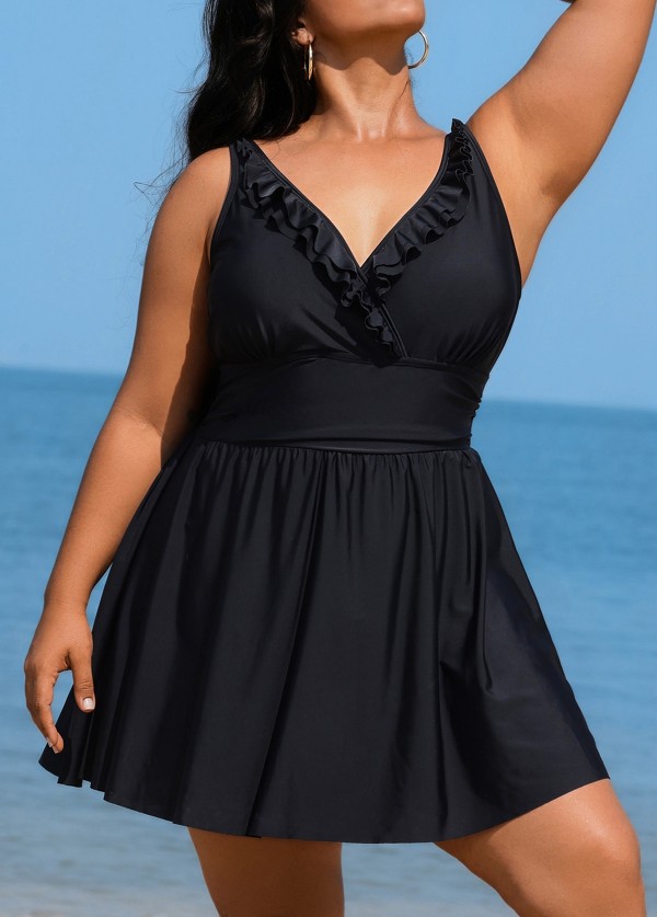 Black Plus Size Solid Color V Neck Ruffle One Piece Swimdress
