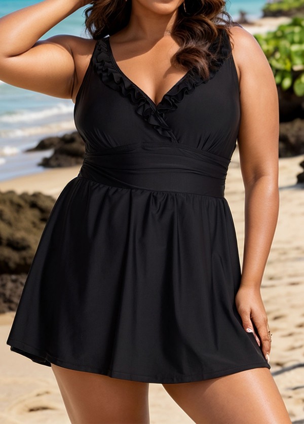Black Plus Size Solid Color V Neck Ruffle One Piece Swimdress