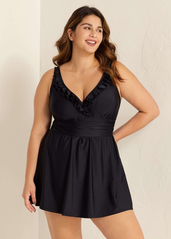 Black Plus Size Solid Color V Neck Ruffle One Piece Swimdress