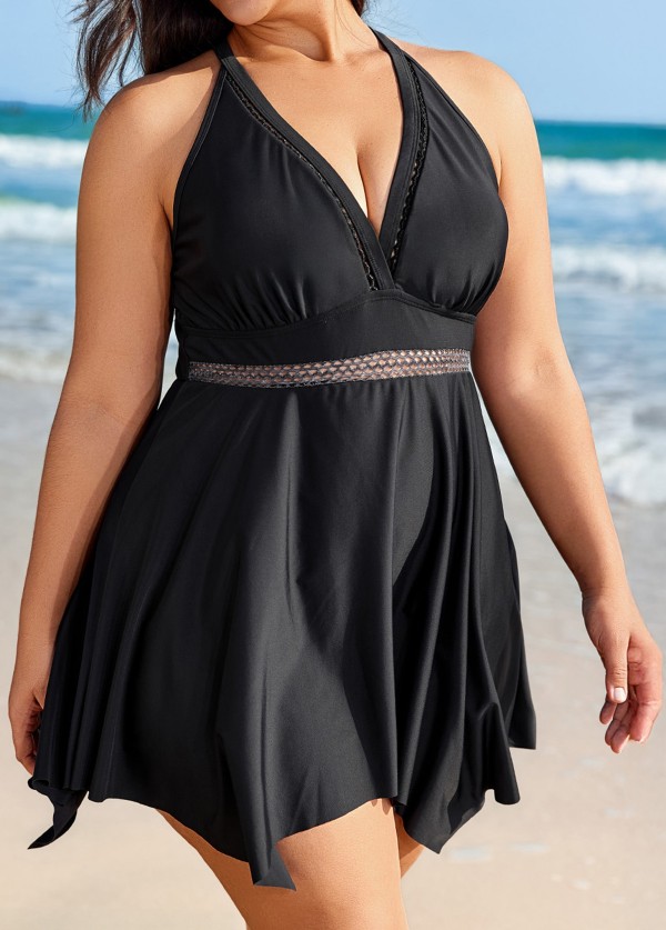 Black Plus Size V Neck Lace Mesh One Piece Swimdress