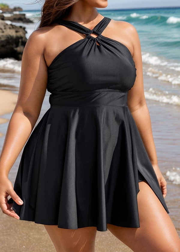 Black Hollow Side Slit Fashion One Piece Swimdress