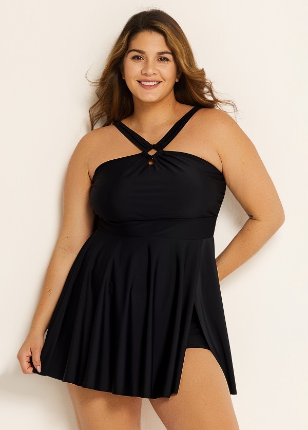 Black Hollow Side Slit Fashion One Piece Swimdress