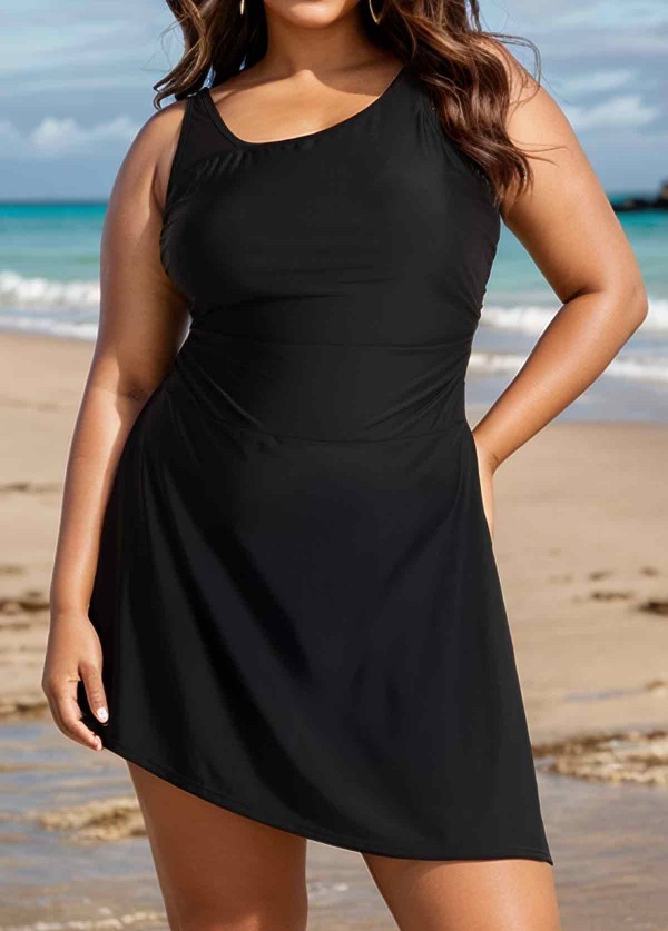 Black Mesh Irregular Straps Side Split One Piece Swimdress