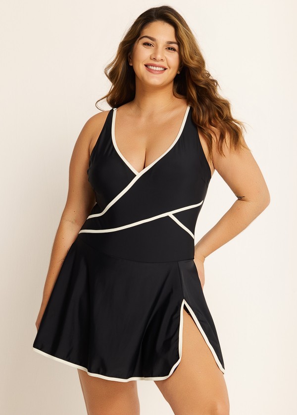 Black And White Splicing V Neck Fashionable One Piece Swimdress