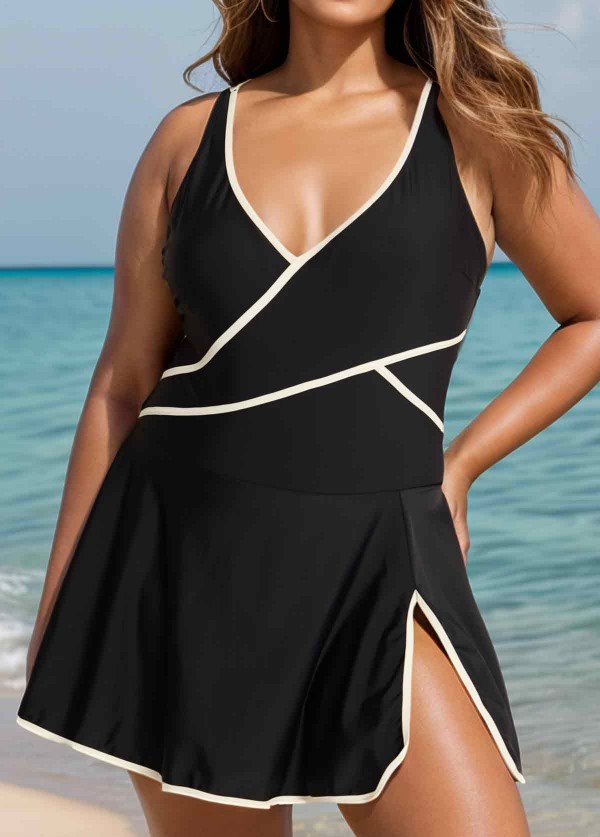 Black And White Splicing V Neck Fashionable One Piece Swimdress