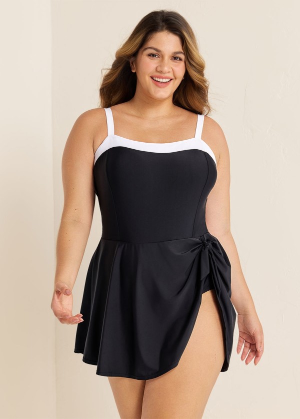 Black And White Color Block Side Tie Swim Dress Swimsuit One Piece Swimdress