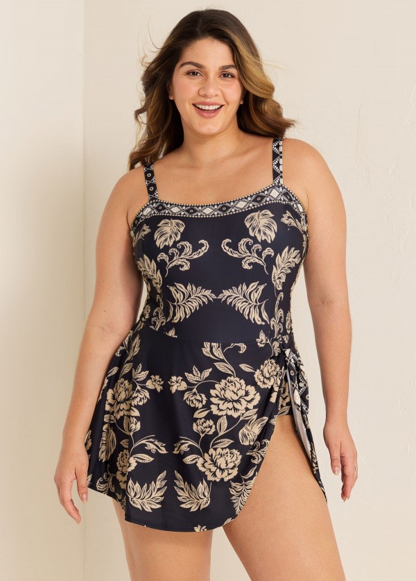 Black Floral Side Tie Plus Size  Swimsuit One Piece Swimdress
