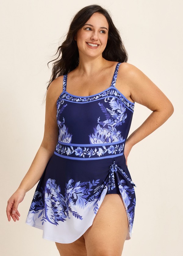 Navy White Floral Vintage Side Knot Side Slit Curvy Women's Swimsuit One Piece Swimdress