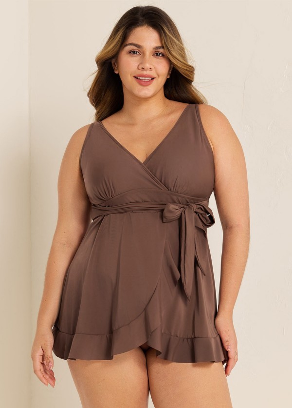 Brown Wrap Side Tie With Brief Swim Skirts For Women Two Pieces Swimdress Set