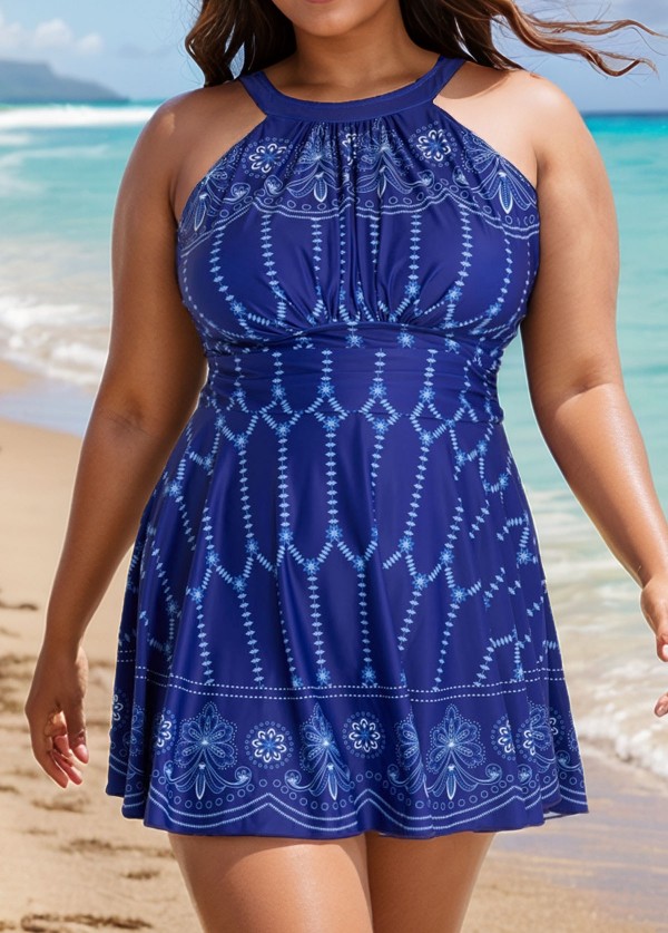 Curvy Navy High Neck Line Flowers Fashion Swim Dress  Swimdress Set