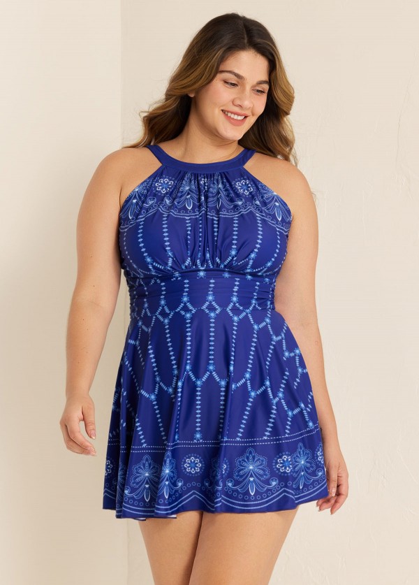 Curvy Navy High Neck Line Flowers Fashion Swim Dress  Swimdress Set