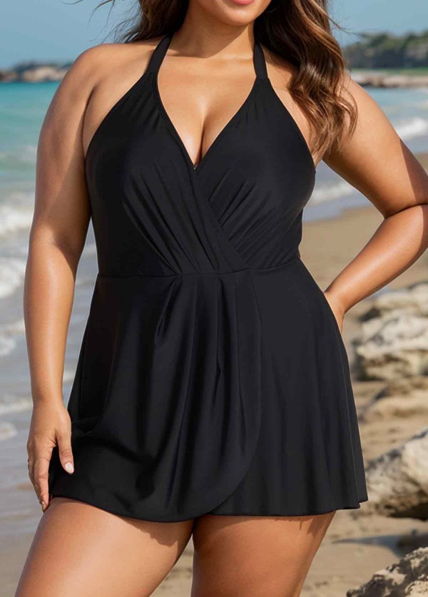 Black V Neck Crisscross Ruched Swim Skirts For Women One Piece Swimdress