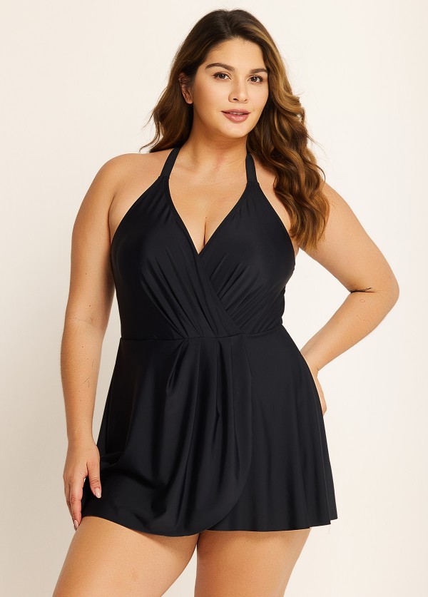 Black V Neck Crisscross Ruched Swim Skirts For Women One Piece Swimdress