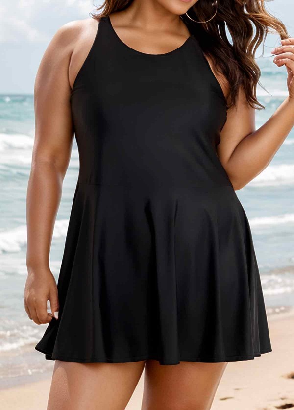 Black High Neck Curvy Swim Dress Swimsuit Two Pieces Swimdress Top