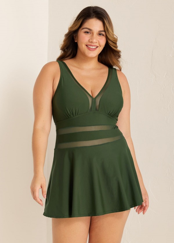 Green V Neck Mesh Swim Skirts For Women One Piece Swimdress