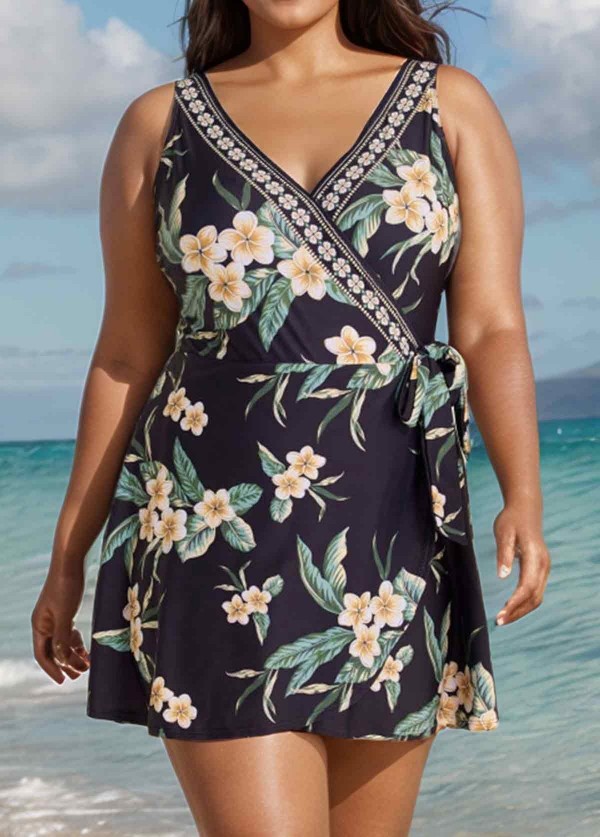Black Floral Wrap Side Tie Plus Size Swim Skirts For Women One Piece Swimdress