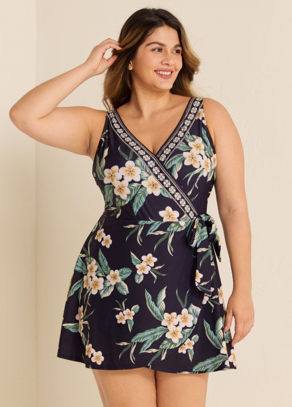 Black Floral Wrap Side Tie Plus Size Swim Skirts For Women One Piece Swimdress