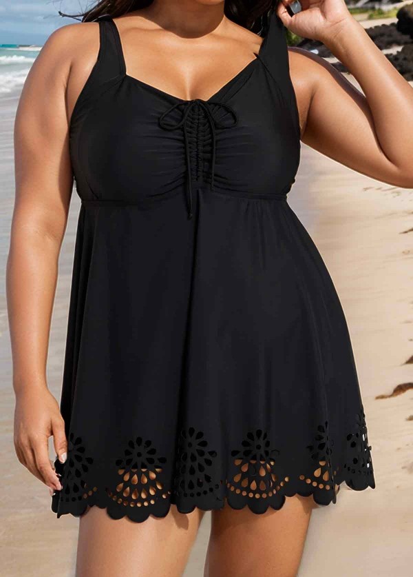 Plus Size Black Laser Cut Ruched Drawstring Swim Skirts For Women One Piece Swimdress