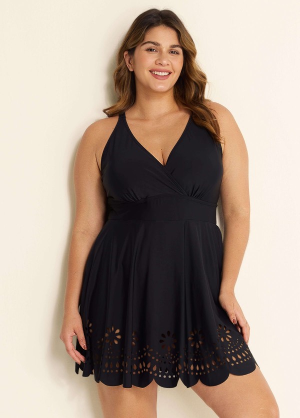 Curvy Black Laser Cut Ruched Swim Skirts For Women One Piece Swimdress