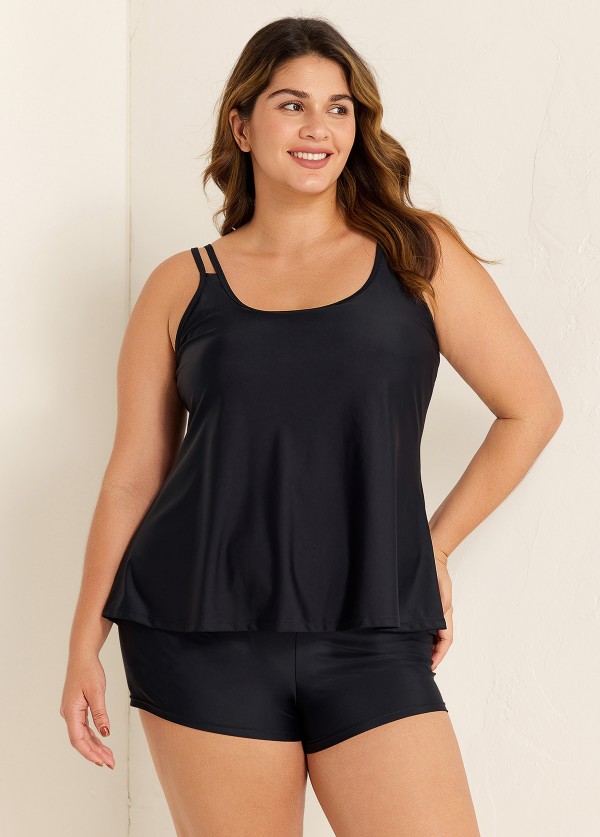Solid Black Double Straps Adjustable Tankini Top